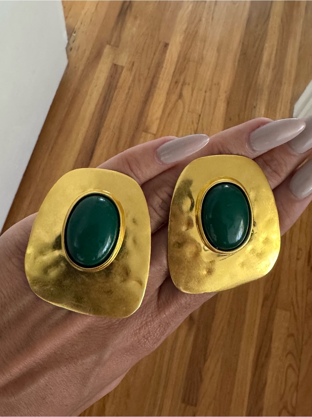 Vintage Gold Tone Earrings with Deep Green Cabochons